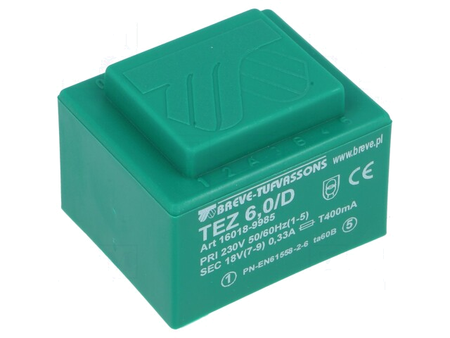 Transformator: ingegoten; 6VA; 230VAC; 18V; 333,3mA; PCB; IP00; TEZ Transformator: ingegoten; 6VA; 230VAC; 18V; 333,3mA; PCB; IP00; TEZ